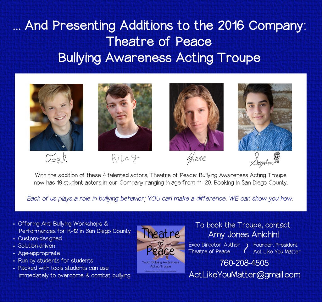 Photo of new actors added to Theatre of Peace Bullying Awareness Acting Troupe in 2016. TOP is a division of the non-profit Act Like You Matter, cast announcement. Offering anti-bullying workshops and performances for K-12 in San Diego County.