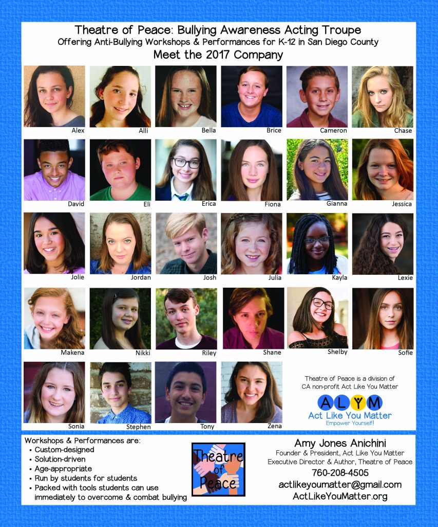 Photo of Theatre of Peace Bullying Awareness Acting Troupe, a division of the non-profit Act Like You Matter. Offering anti-bullying workshops and performances for K-12 in San Diego County.