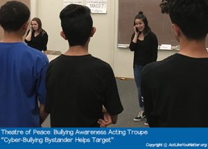 Photo of Theatre of Peace Bullying Awareness Acting Troupe, a division of CA non-profit Act Like You Matter, performing Cyber-Bullying Bystander Helps Target Vignette. Each vignette we perform is from the script "What If It Was You?" by Amy Jones Anichini.