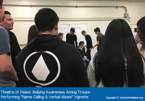 Photo of Theatre of Peace Bullying Awareness Acting Troupe, a division of CA non-profit Act Like You Matter, performing Name Calling and Verbal Abuse Vignette. Each vignette we perform is from the script "What If It Was You?" by Amy Jones Anichini.