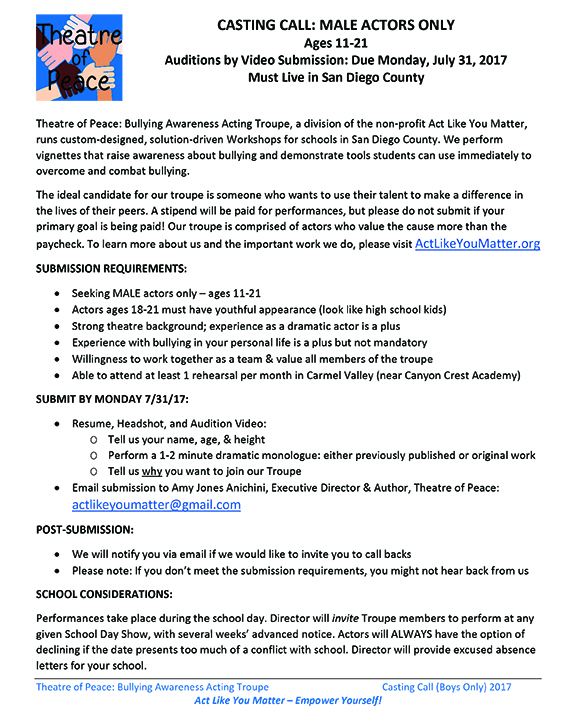 Theatre of Peace Casting Call: Male Actors Only; Ages 11-21