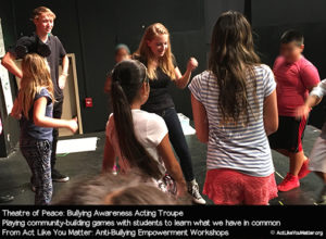 Photo of Theatre of Peace playing community-building games with students at a school. Part of Act Like You Matter: Anti-Bullying Empowerment Workshops.