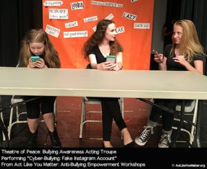 Photo of Theatre of Peace performing Cyber-Bullying: Fake Instagram Account Vignette, as part of Act Like You Matter: Anti-Bullying Empowerment Workshops.