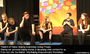 Photo of Theatre of Peace answering an anonymous question submitted by a student in the audience: Have you ever been bullied? Part of Act Like You Matter: Anti-Bullying Empowerment Workshops.