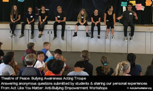 Photo of Theatre of Peace answering anonymous questions submitted by students at a school where we performed. Part of Act Like You Matter: Anti-Bullying Empowerment Workshops.