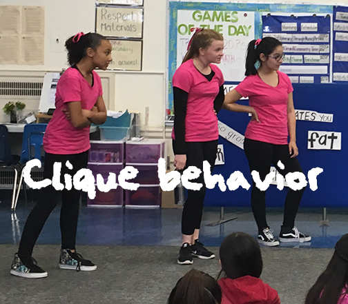 Photo of Theatre of Peace performing " Clique Behavior: You Can't Dress Like Us" Vignette. Part of Act Like You Matter: Anti-Bullying Empowerment WFor Older Elementary: Anti-Bullying Empowerment Workshops & Assemblies. anti-bullying workshops for 4th-6th grades in San Diego