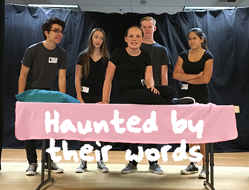 Photo of Theatre of Peace performing "Haunted by the Bullies' Cruel Words" Vignette. Part of Act Like You Matter: Anti-Bullying Empowerment Workshops and Assemblies. anti-bullying workshops for 4th-6th grades in San Diego