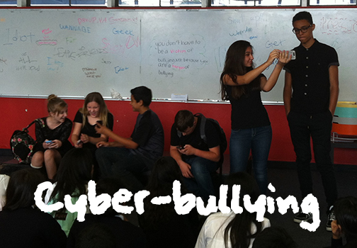 Photo of Theatre of Peace performing "Cyber-Bullying Viral Video" Vignette. Part of Act Like You Matter: Anti-Bullying Empowerment Workshops and Assemblies. anti-bullying workshops for 4th-6th grades in San Diego