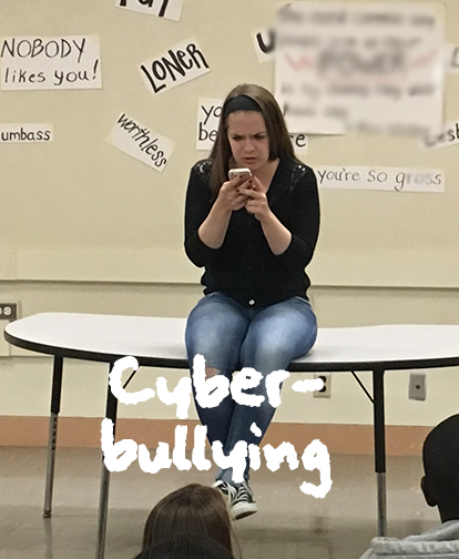 Photo of Theatre of Peace performing "Cyber-Bullying and Peer Pressure to Bully" Vignette. Part of Act Like You Matter: Anti-Bullying Empowerment Workshops and Assemblies. anti-bullying workshops for 7th-12th grades in san diego