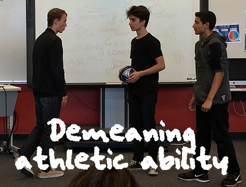 Photo of Theatre of Peace performing "Demeaning Athletic Ability" Vignette. Part of Act Like You Matter: Anti-Bullying Empowerment Workshops and Assemblies. anti-bullying workshops for 7th-12th grades in san diego