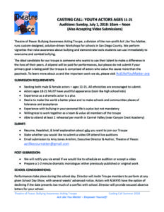 Theatre of Peace: Bullying Awareness Acting Troupe is seeking submissions from actors ages 11-21. All ethnicities are strongly encouraged to apply.