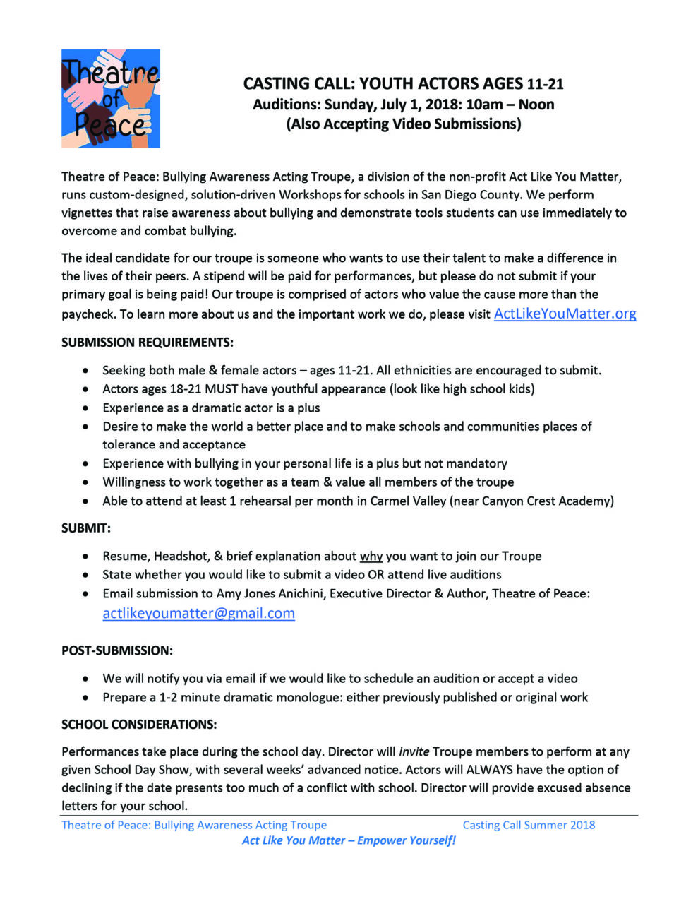Casting Call: Theatre of Peace Bullying Awareness Acting Troupe