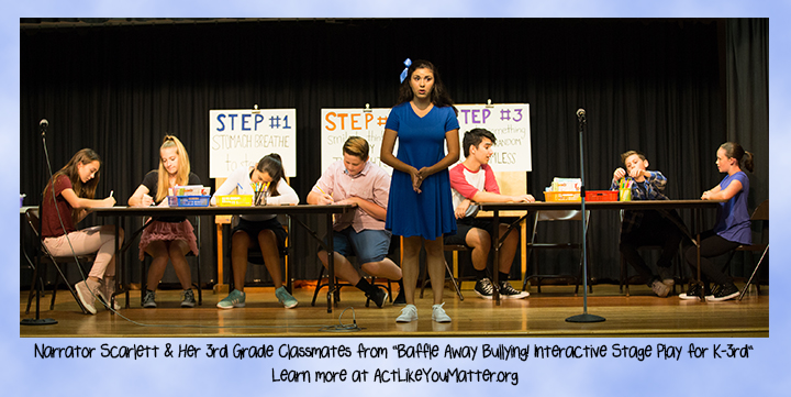 Photo of "Baffle Away Bullying! Interactive Stage Play for K-3rd" narrator Scarlett and her 3rd grade classmates. Scarlett and her friends can help you learn life skills to build resilience and manage encounters with anyone who mistreats you.