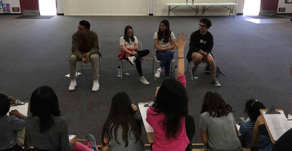 Photo of Theatre of Peace: Bullying Awareness Acting Troupe at Torrey Hills School, answering 4th graders questions about bullying.