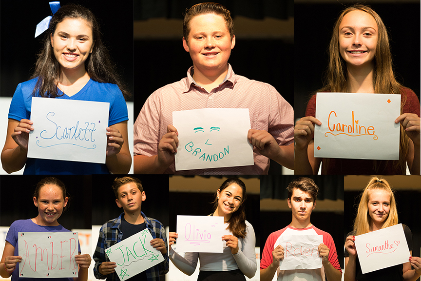 Photo of the characters from "Baffle Away Bullying! Interactive Stage Play for K-3rd" Pictured: Narrators and game teachers: Scarlett, Brandon, Caroline; the kids who bully: Amber, Jack, Olivia, Robert, Samantha. Learn life skills to help you build resilience and manage encounters with anyone who mistreats you. Meet the characters from Baffle Away Bullying. Theatre of Peace actors pictured are from the original cast that performed in Aug. 2017 at Clear View Elementary in Chula Vista, CA.
