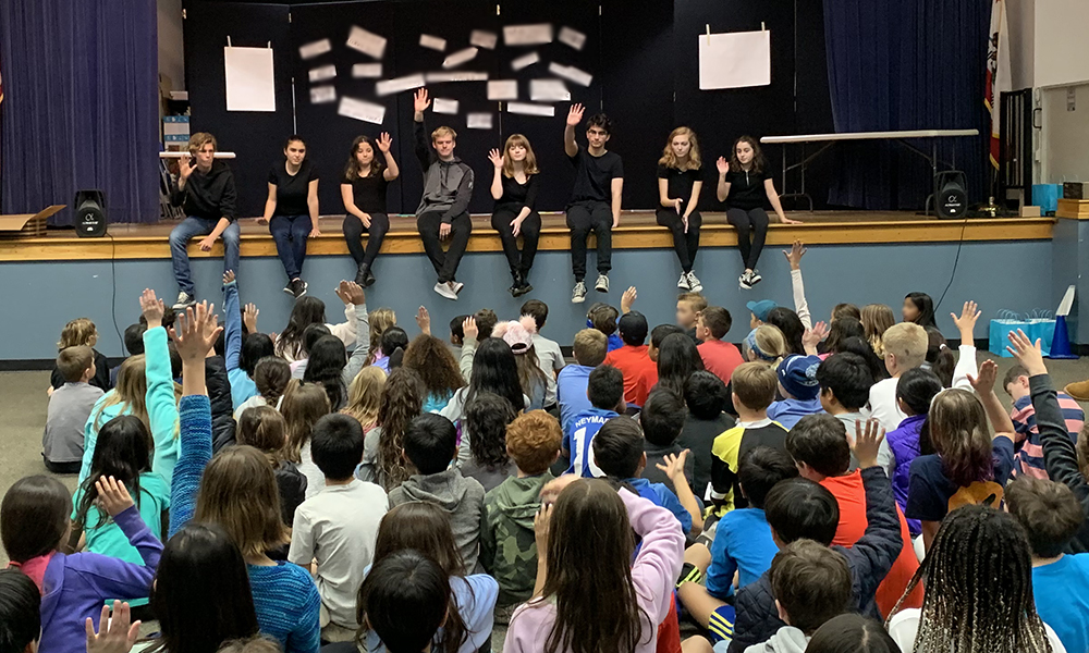 Photo of Theatre of Peace: Youth Anti-Bullying Acting Troupe answering student questions as part of "Act Like You Matter: Anti-Bullying Empowerment Assemblies and Workshops for Older Elementary." anti-bullying workshops for 4th-6th grades in San Diego