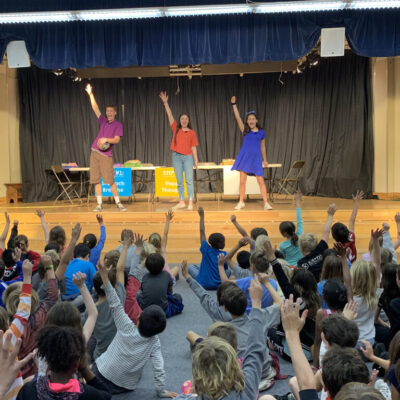 photo of theatre of peace performing Baffle Away Bullying Interactive Workshops for K-3rd. Coming soon to video on demand! anti-bullying assemblies for K-3rd in san diego. Meet the characters from Baffle Away Bullying. Program and script represented by Act Like You Matter
