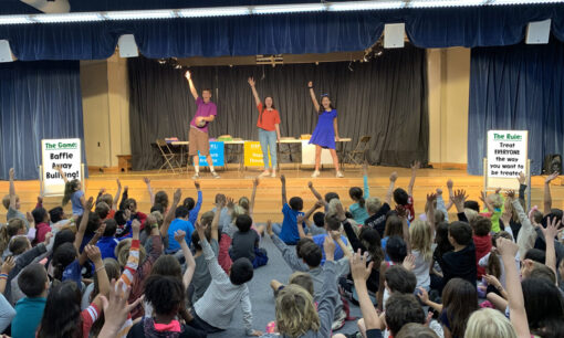 photo of theatre of peace performing Baffle Away Bullying Interactive Workshops for K-3rd. Coming soon to video on demand! anti-bullying assemblies for K-3rd in san diego. Meet the characters from Baffle Away Bullying. Program and script represented by Act Like You Matter