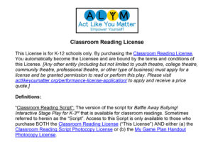 Image of part of page one of the Baffle Away Bullying_Classroom Reading License. Click the image to read the entire License.