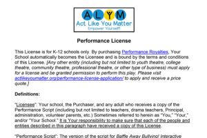 Image of part of page one of the Baffle Away Bullying_Performance License. Click the image to read the entire License.