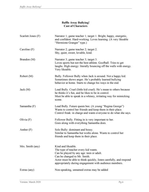 Baffle Away Bullying_Interactive Stage Play for K-3_Performance Script_Cast of Characters. Available for Performance and Classroom Reading licensing now!