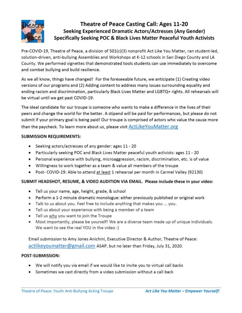 Theatre of Peace Casting Call: Seeking Actors of Any Gender and Ethnicity Ages 11-20