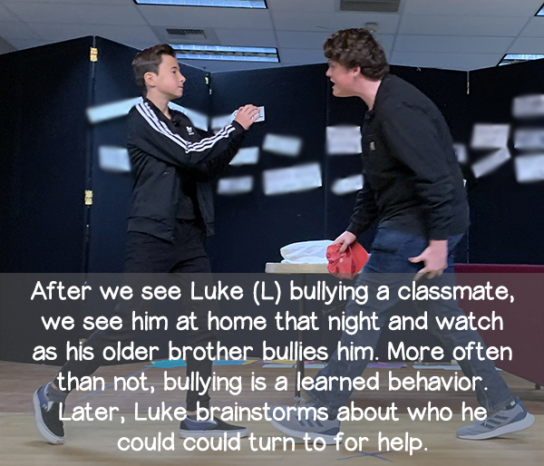 Image of Theatre of Peace: Youth Anti-Bullying Acting Troupe actors Luke and Eli performing "Take a Walk in My Shoes: The Bully's Perspective"
